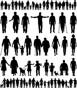 Editable vector silhouettes of people walking hand in hand